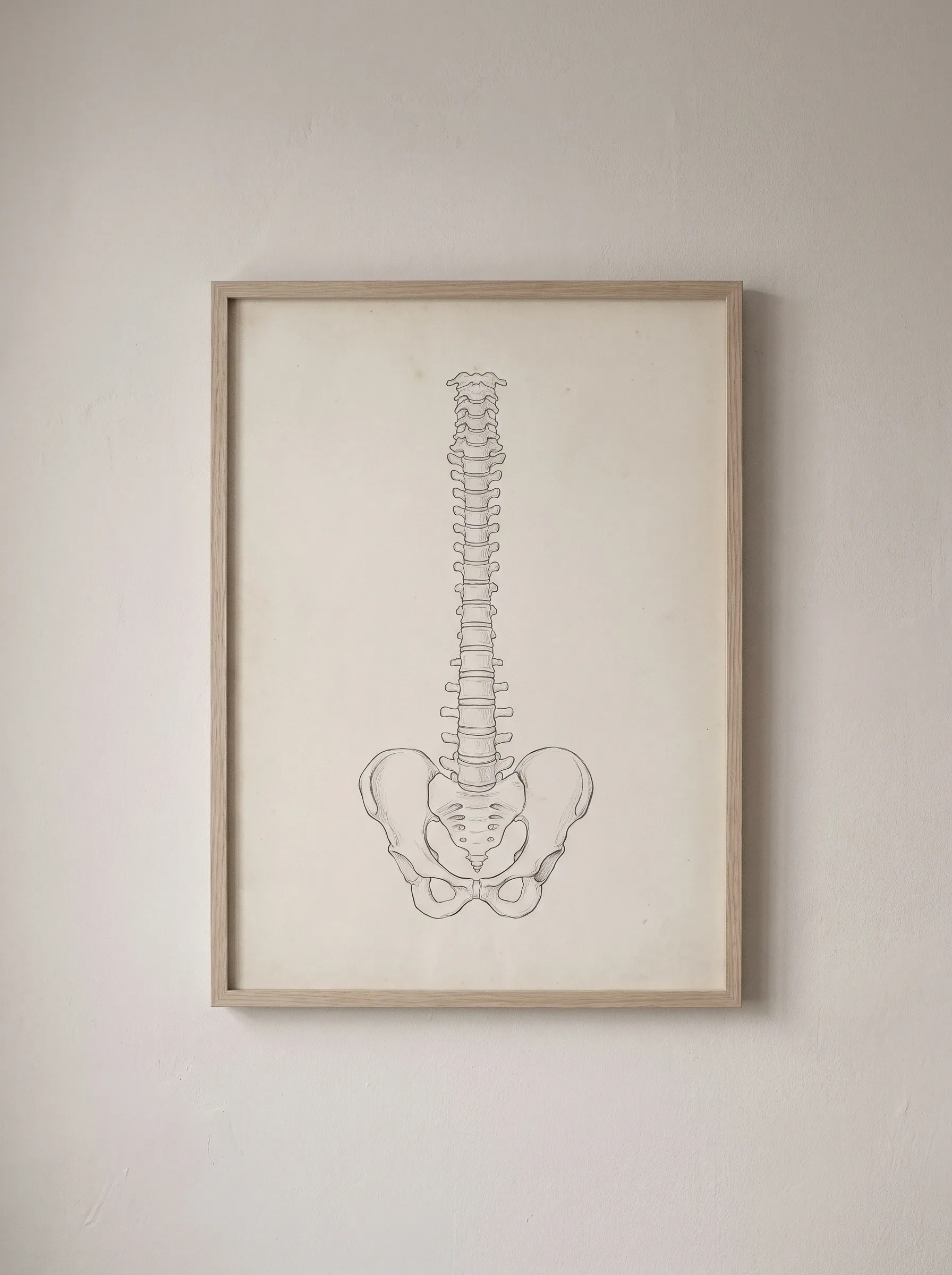 Eine gerahmte anatomische Zeichnung von Wirbelsäule und Becken an einer hellen Wand
