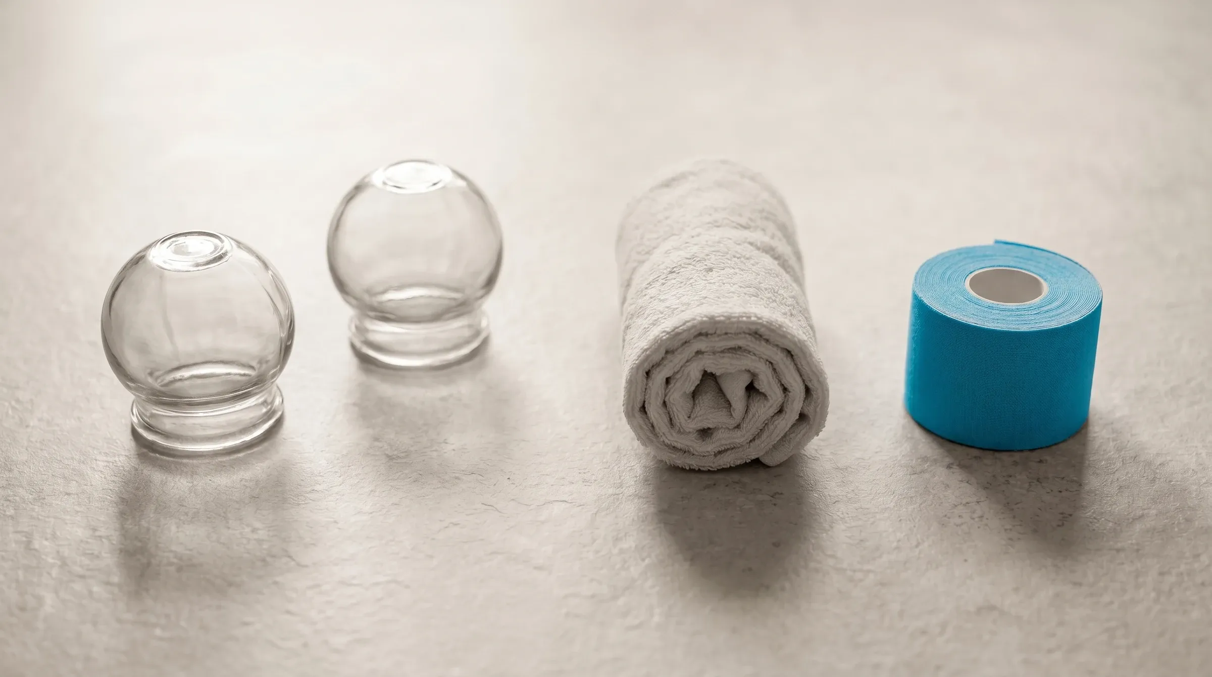 Zwei Schröpfgläser, ein gerolltes Handtuch und eine Rolle Kinesio-Tape auf hellem Stein